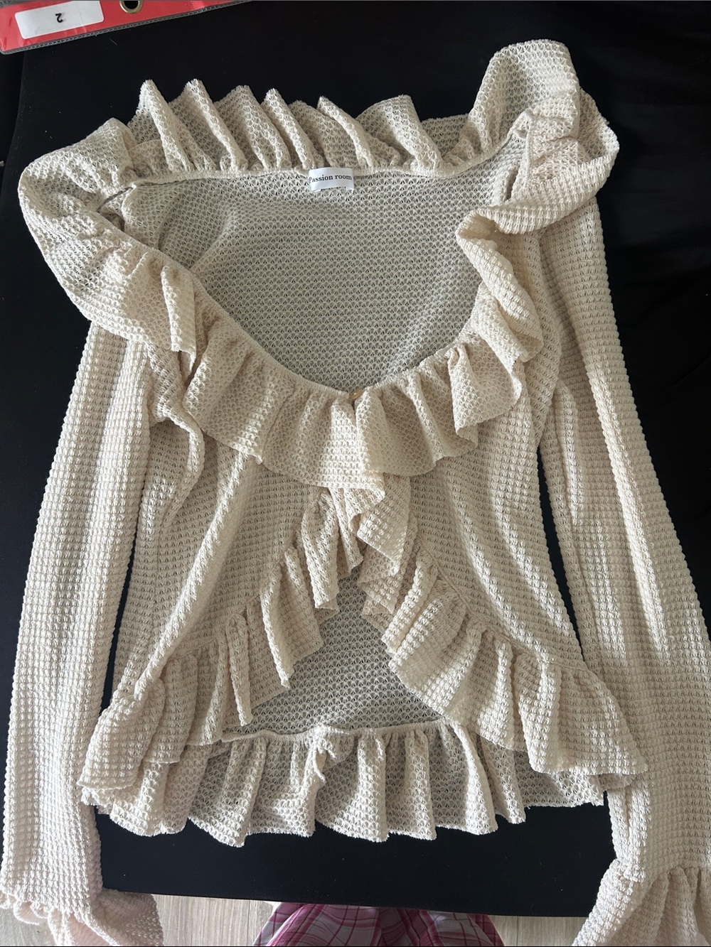 Waffle-Knit Ruffle Open-Front Cardigan in Cream